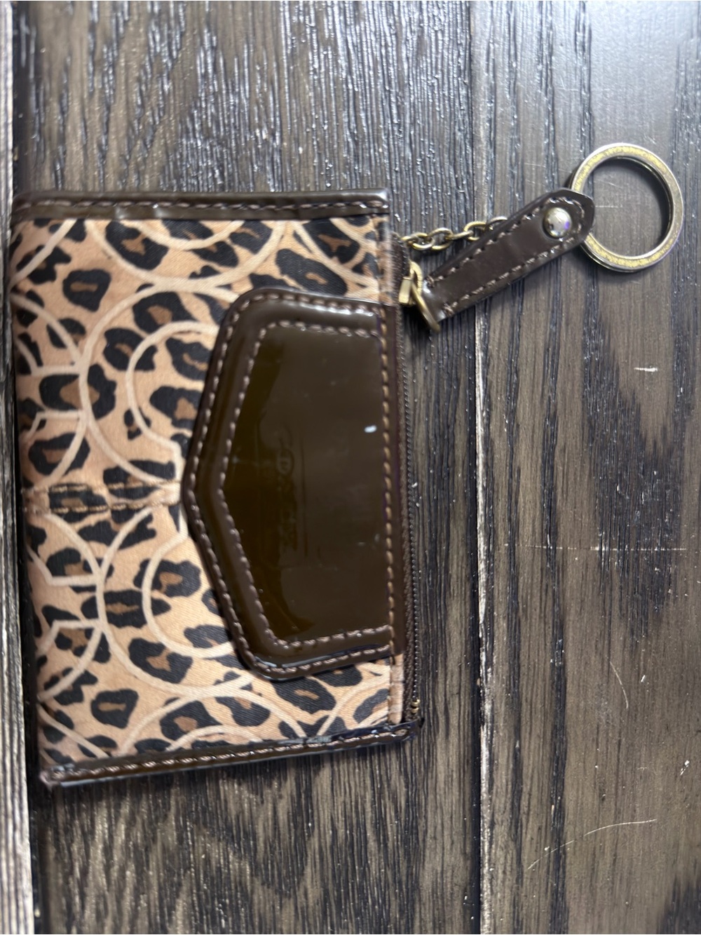 Coach Leopard Print Card Holder Keyring in Brown and Tan